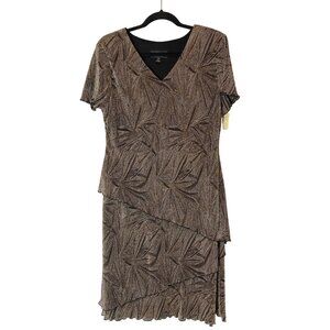 NWT Connected Metallic Asymmetrical Layer Dress Black Gold Leaf Short Sleeve 14P